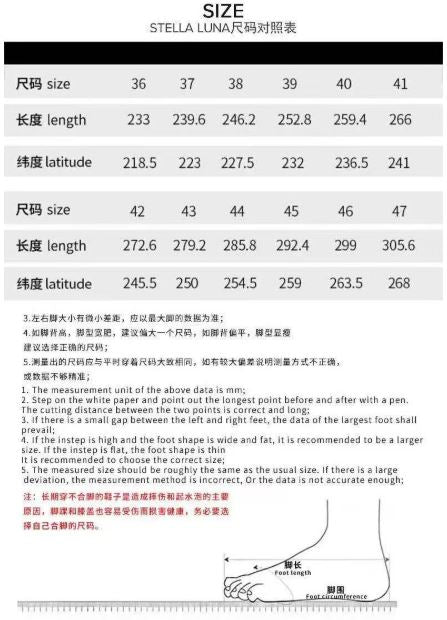 Mia EU size chart 36 to 47