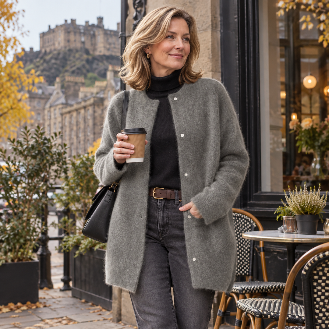 Vanna buttoned knit jacket styled in Edinburgh