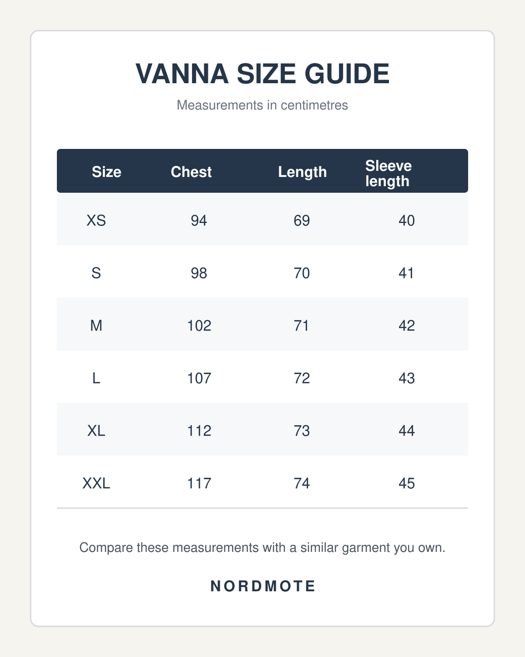 VANNA size guide in centimetres