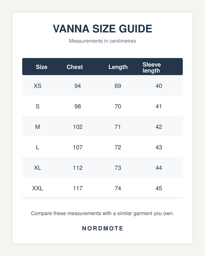 VANNA size guide in centimetres