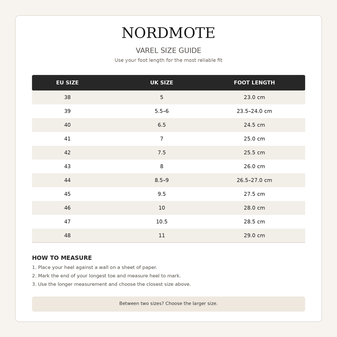 VAREL EU and UK size guide with foot lengths