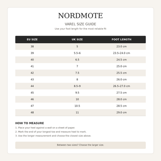 VAREL EU and UK size guide with foot lengths