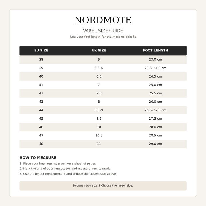 VAREL EU and UK size guide with foot lengths